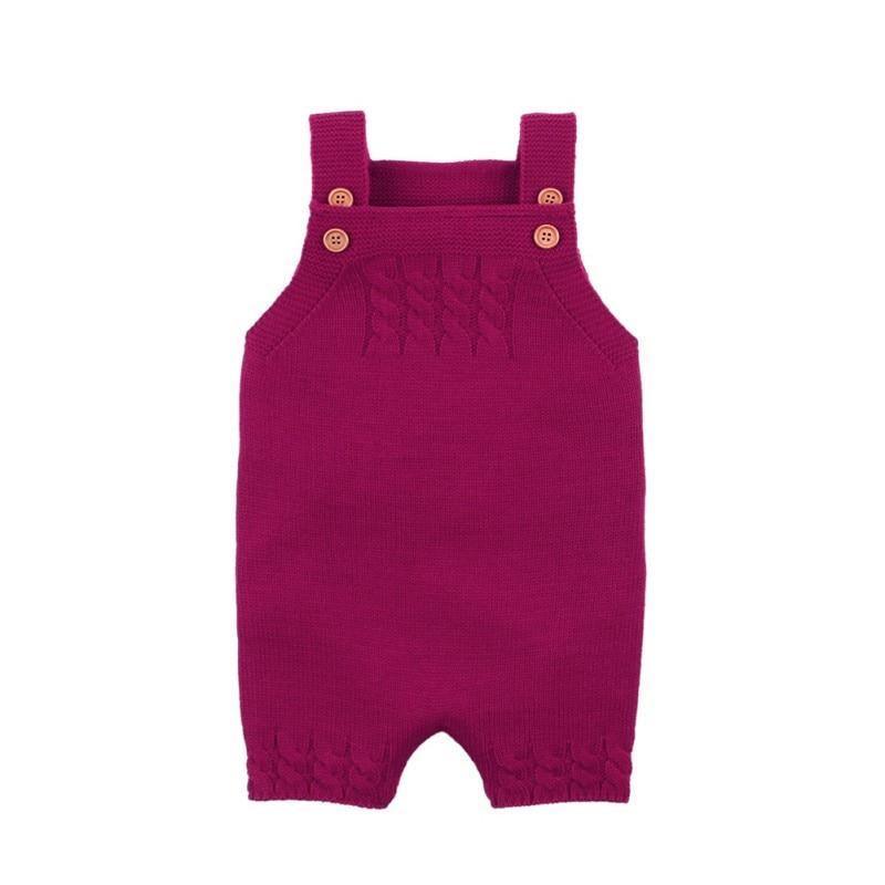 Stevvex knit baby romper overalls in magenta with shoulder straps and wooden buttons on Tampa Home & Garden Store