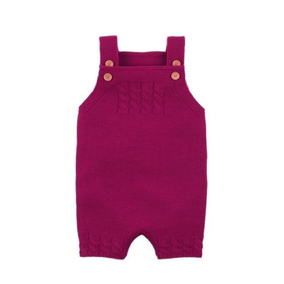 Stevvex knit baby romper overalls in magenta with shoulder straps and wooden buttons on Tampa Home & Garden Store