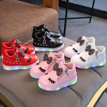 Stevvex LED light up kids sneakers with glitter bow and D charm in red pink black glowing soles on Tampa Home & Garden Store