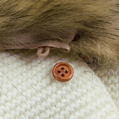 Baby knitted hooded jacket by Stevvex with cream knit fabric and fur-trim hood, brown button on Tampa Home & Garden Store