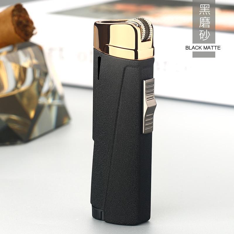 Stevvex black matte lighter with gold metal top and silver side lever on Tampa Home & Garden Store