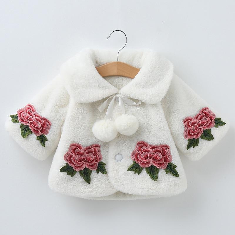 Stevvex white fluffy baby coat with pink rose embroidery on pockets and sleeves, pom-pom bow on Tampa Home & Garden Store