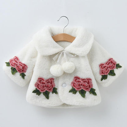 Stevvex white fluffy baby coat with pink rose embroidery on pockets and sleeves, pom-pom bow on Tampa Home & Garden Store