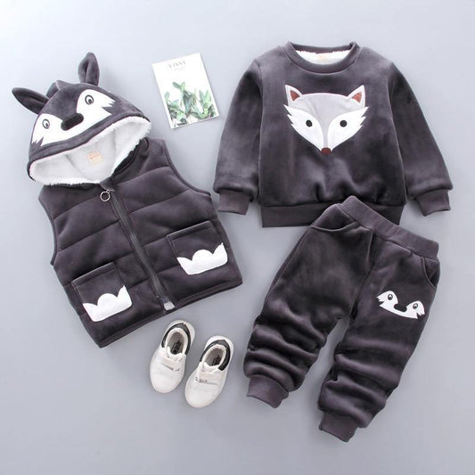 Stevvex baby winter three-piece: fox hoodie, padded vest with bear-ear hood, matching gray pants on Tampa Home & Garden Store