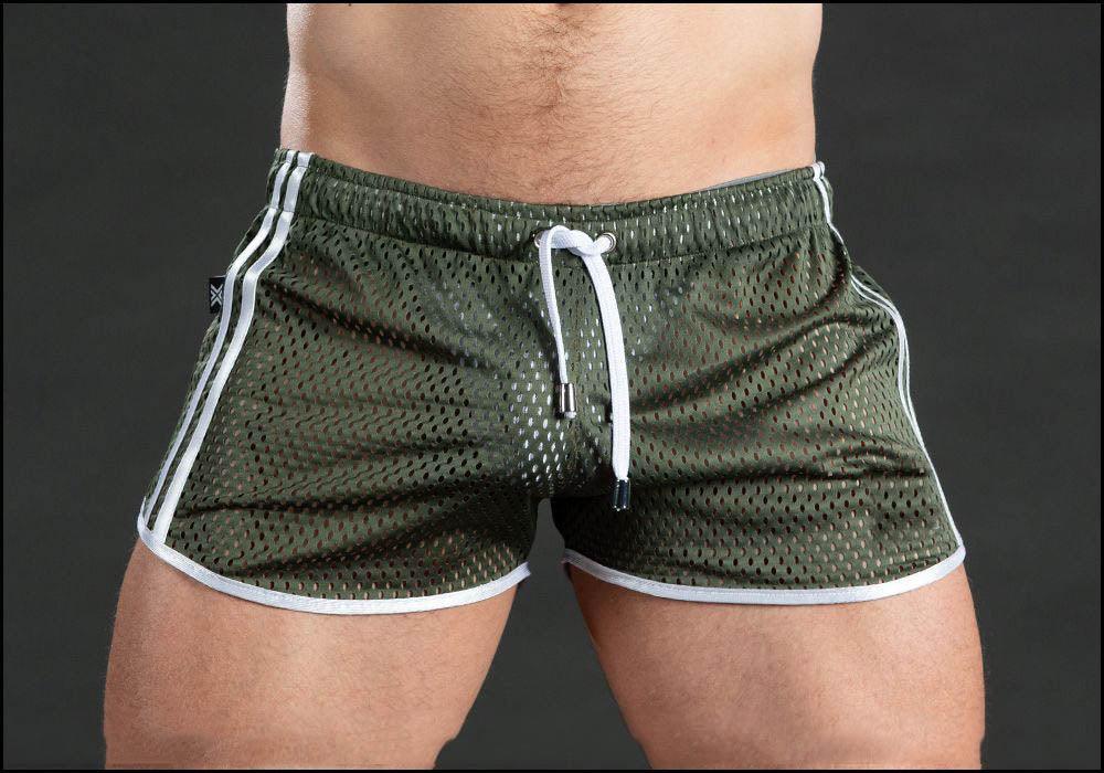 Men's Stevvex green grid mesh gym shorts with white piping and drawstring on Tampa Home & Garden Store