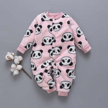 Newborn panda-print pink fleece romper with long sleeves front snaps on Tampa Home & Garden Store