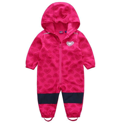 Kids pink hooded ski suit with heart pattern, waterproof soft shell, fleece lining on Tampa Home & Garden Store