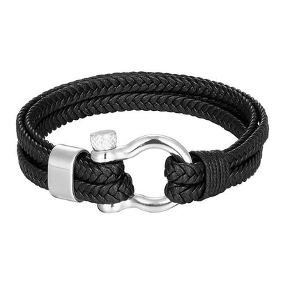 Bracelet Stevvex men's black braided leather double-wrap with stainless steel anchor clasp on Tampa Home & Garden Store