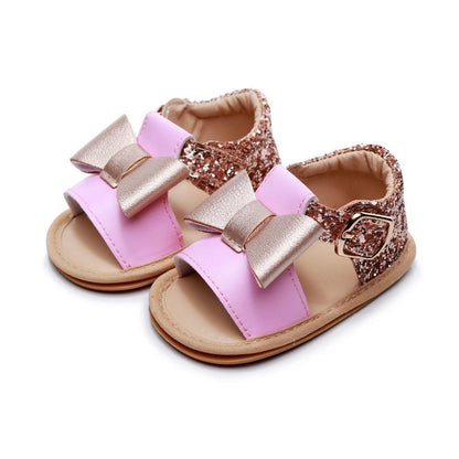 Baby girl pink PU leather bowknot sandals with glitter back strap and buckle soft sole on Tampa Home & Garden Store