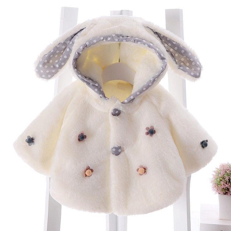 Baby fleece coat by Stevvex, ivory fluffy with hooded bunny ears, polka-dot grey lining on Tampa Home & Garden Store