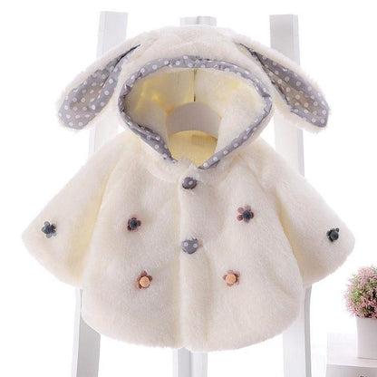 Baby fleece coat by Stevvex, ivory fluffy with hooded bunny ears, polka-dot grey lining on Tampa Home & Garden Store