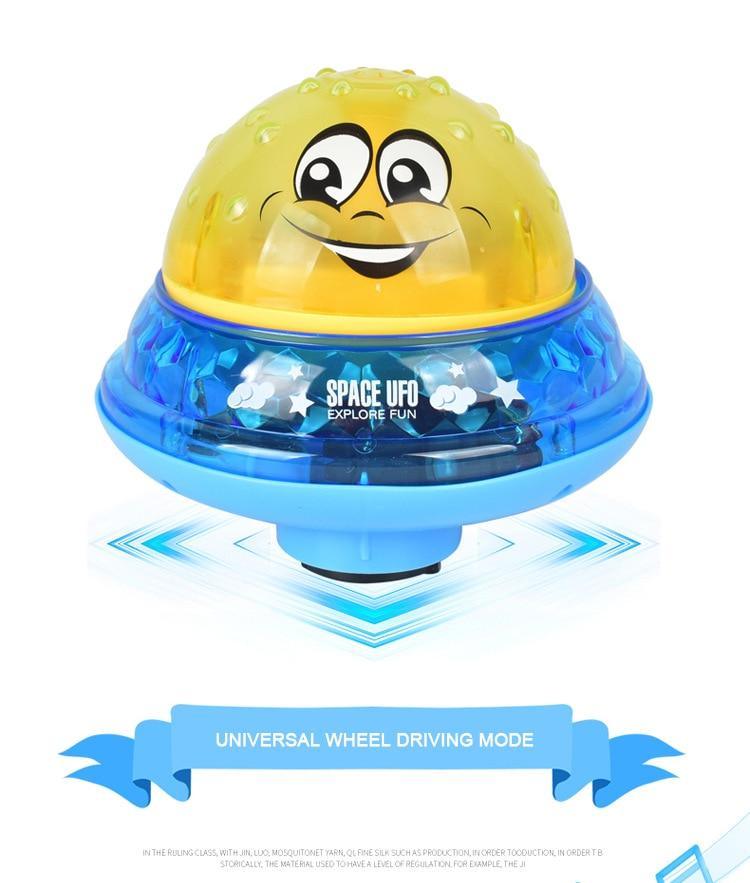 Stevvex bath toy Space UFO LED light with music, blue rotating base, yellow dome on Tampa Home & Garden Store