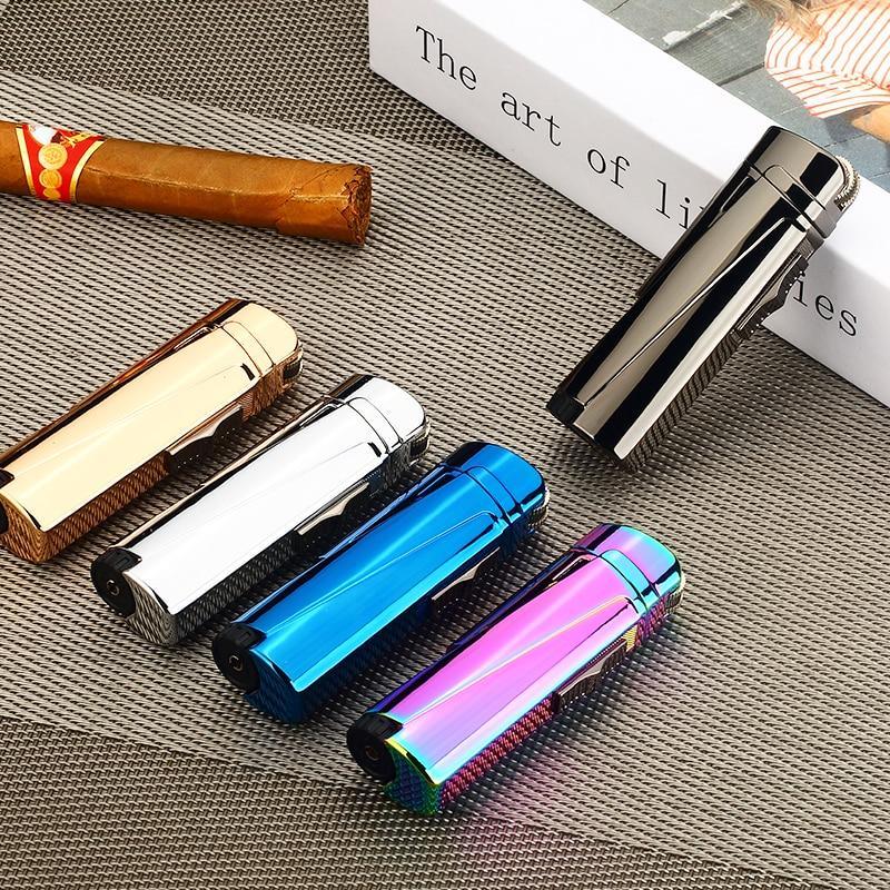 Stevvex three-torch metal lighters set of five in gold, silver, blue, purple, and black on Tampa Home & Garden Store