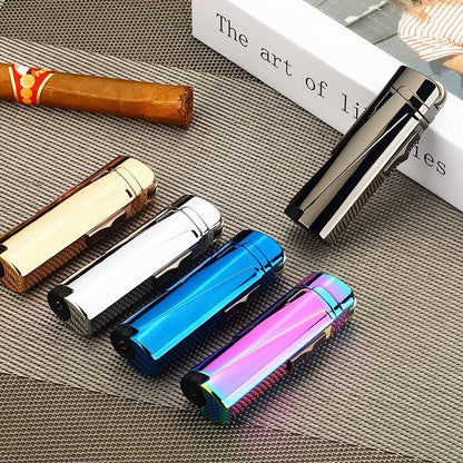Stevvex three-torch metal lighters set of five in gold, silver, blue, purple, and black on Tampa Home & Garden Store