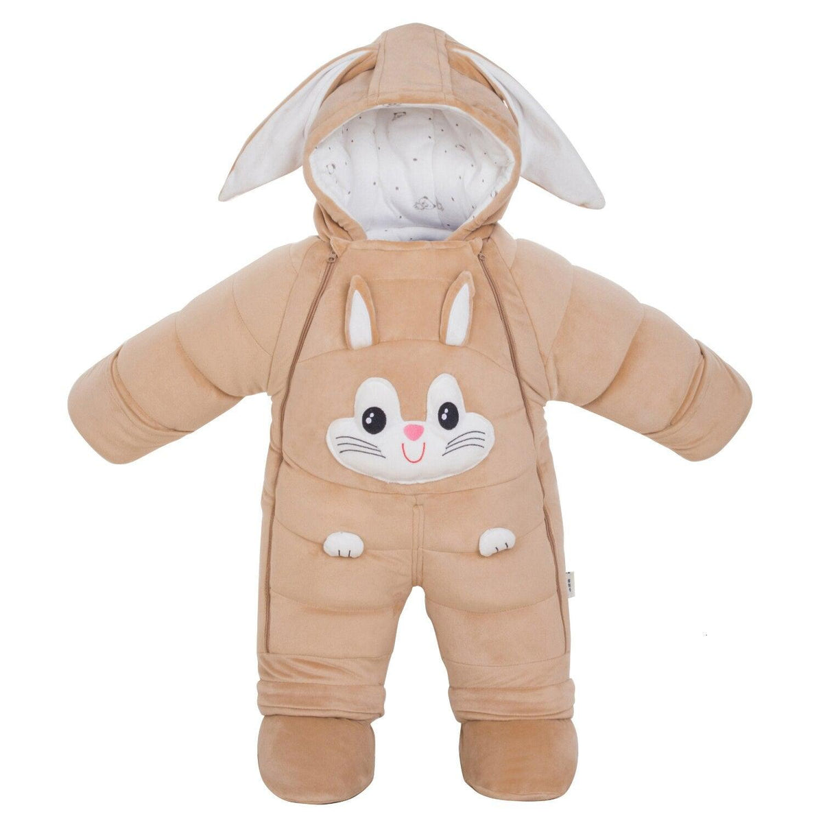 Stevvex beige baby snowsuit puffer with bunny hood and face, infant winter jacket on Tampa Home & Garden Store