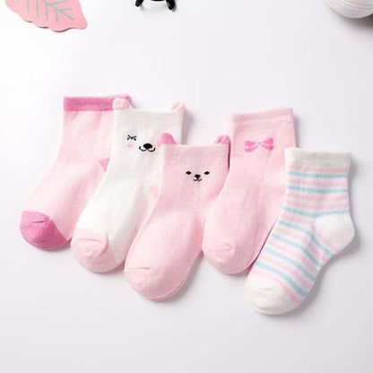 Stevvex baby socks set, five soft cotton pairs in pink/white with cute faces and striped pair on Tampa Home & Garden Store