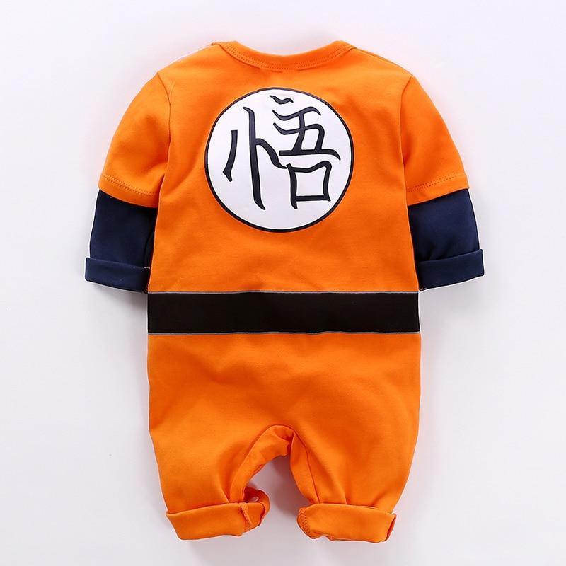 Stevvex baby romper jumpsuit orange with navy sleeves, kanji logo on back, one-piece on Tampa Home & Garden Store