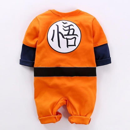 Stevvex baby romper jumpsuit orange with navy sleeves, kanji logo on back, one-piece on Tampa Home & Garden Store