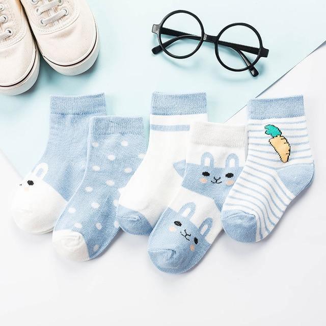 Stevvex baby sock set, 5-pair soft cotton blue/white socks with bunny faces and carrots on Tampa Home & Garden Store