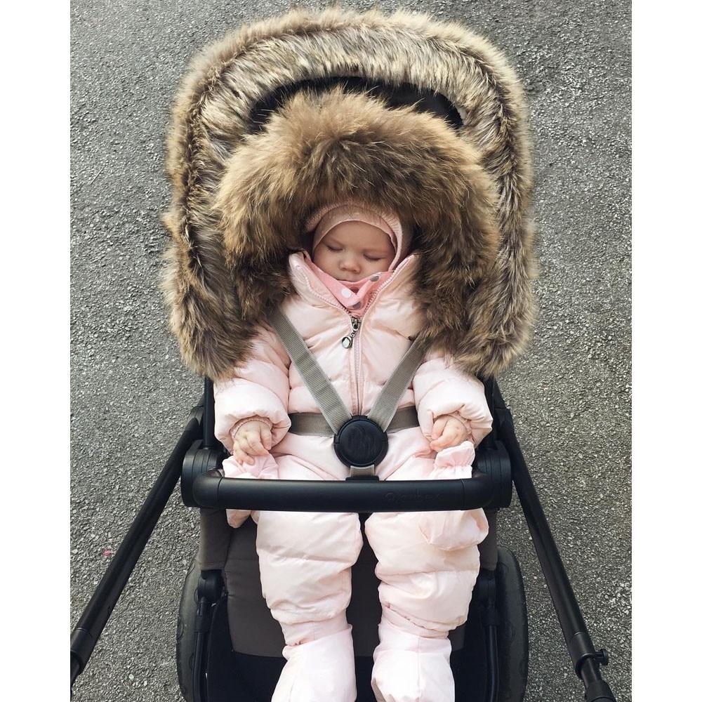 Infant pink hooded snowsuit with thick padding and faux fur trim in stroller harness Stevvex on Tampa Home & Garden Store