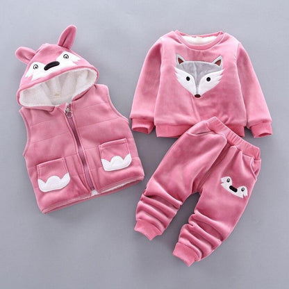 Stevvex pink baby winter 3-piece set: hooded vest with ears, fox-face sweater, fox-print pants on Tampa Home & Garden Store