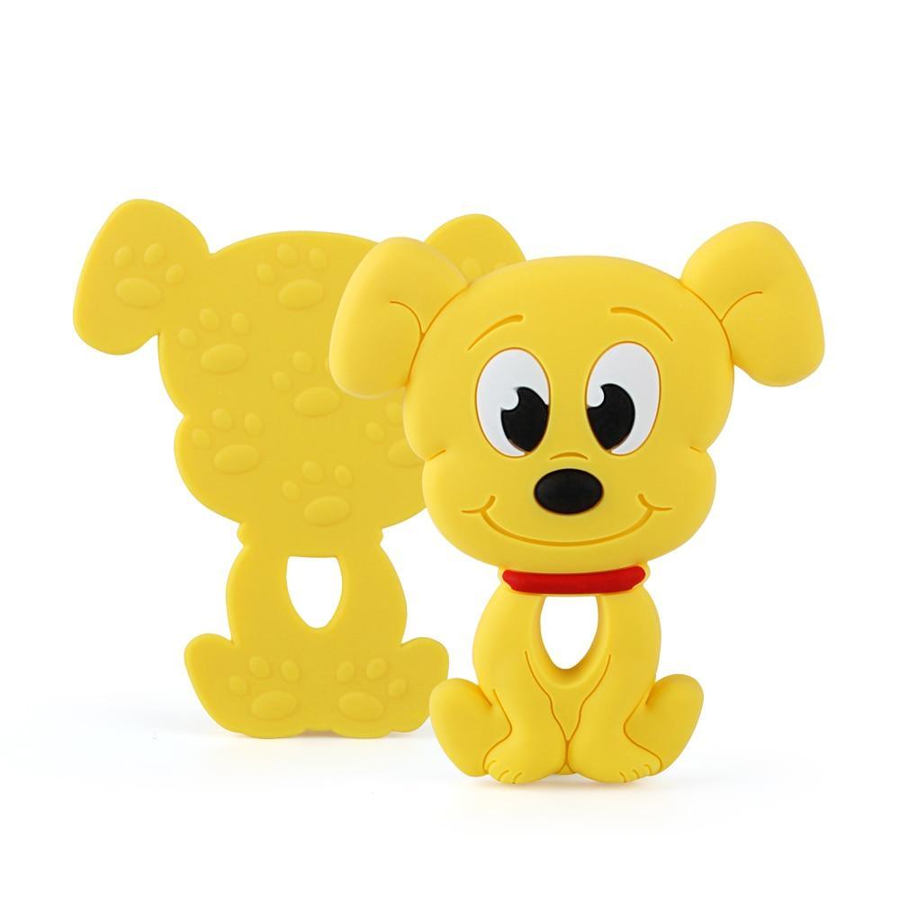 Stevvex Baby Animal Silicone Teether Dog yellow with red collar paw-textured back piece on Tampa Home & Garden Store