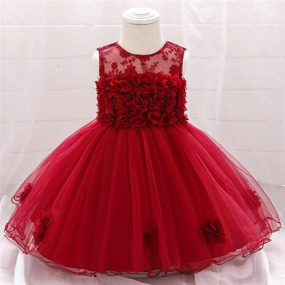 Stevvex baby red lace tulle dress with floral applique bodice, sleeveless party gown on Tampa Home & Garden Store