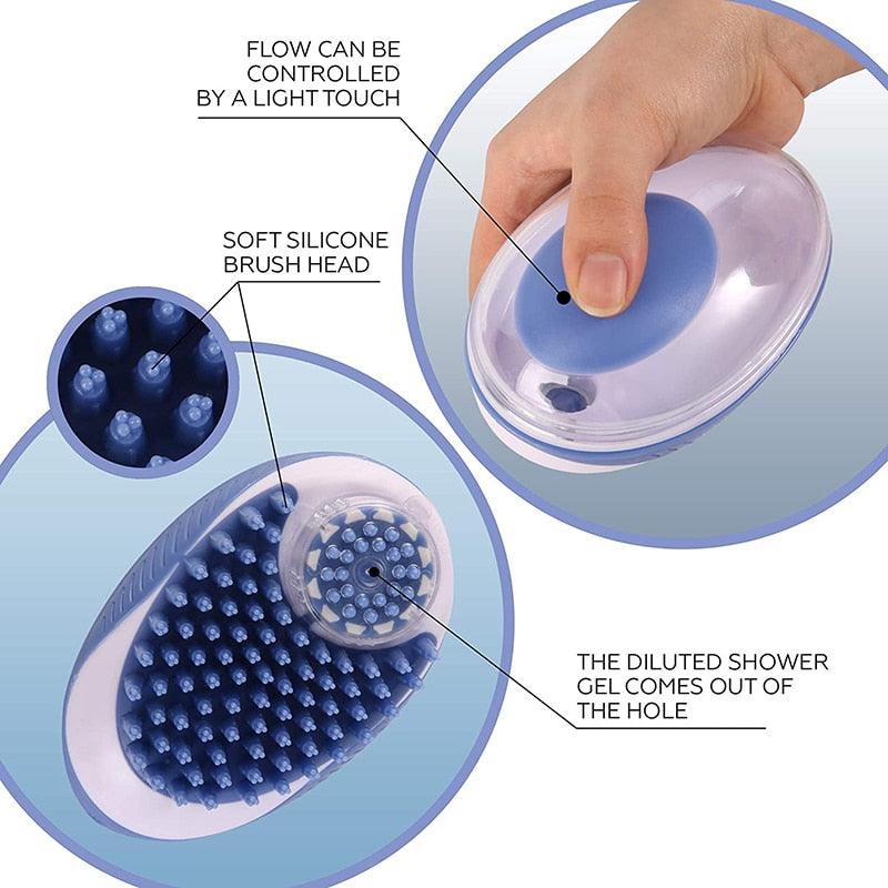 Stevvex 2-in-1 pet bath brush with silicone head and shampoo dispenser for dogs and cats on Tampa Home & Garden Store