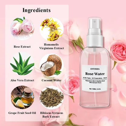 ENVISHA Rose Water facial toner bottle with pink background and six ingredient icons on Tampa Home & Garden Store