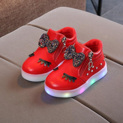 Baby sneakers by Stevvex: red glow with glitter bow and LED light-up sole, 1 pair on Tampa Home & Garden Store