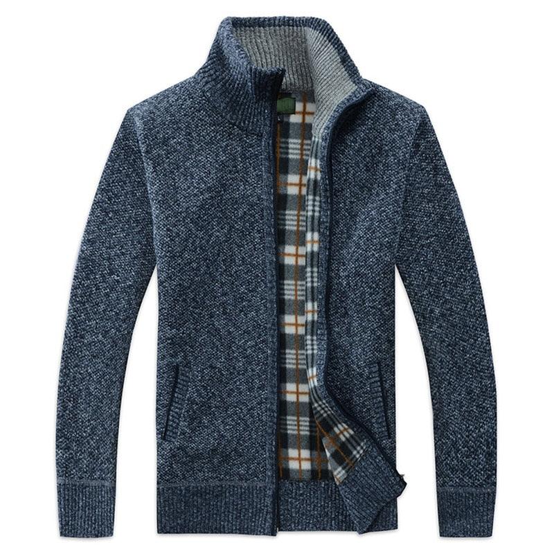 Stevvex men's blue speckled cardigan jacket with plaid inner lining, slim fit fleece on Tampa Home & Garden Store