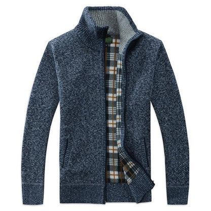 Stevvex men's blue speckled cardigan jacket with plaid inner lining, slim fit fleece on Tampa Home & Garden Store