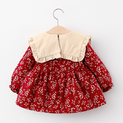 Modern retro newborn girl dress red floral cotton with beige collar long sleeves Stevvex on Tampa Home & Garden Store
