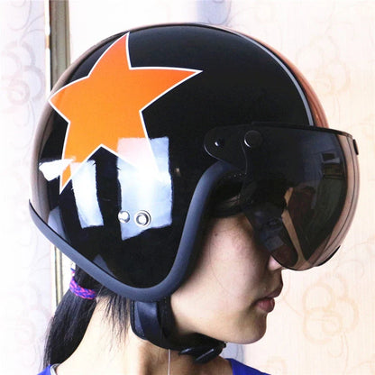 Universal 3-Snap Visor for Open-Face Helmet, black shell with orange star decal, tinted visor on Tampa Home & Garden Store