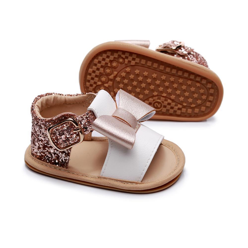 Baby girl sandals Stevvex white strap with rose gold bowknot glitter back PU leather sole on Tampa Home & Garden Store