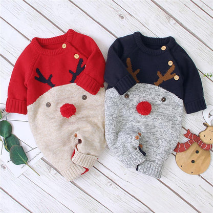 Stevvex baby Christmas reindeer knit romper set, red & navy, 0-2Y, wool two-piece jumpsuits on Tampa Home & Garden Store