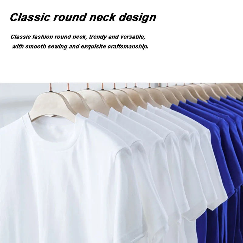 Men's cotton T-shirts in white and blue on hangers, multiple tees on display on Tampa Home & Garden Store