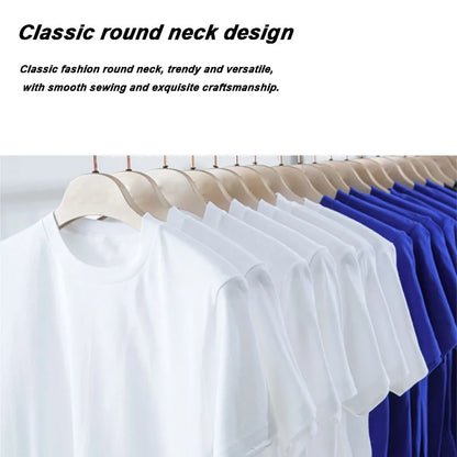 Men's cotton T-shirts in white and blue on hangers, multiple tees on display on Tampa Home & Garden Store
