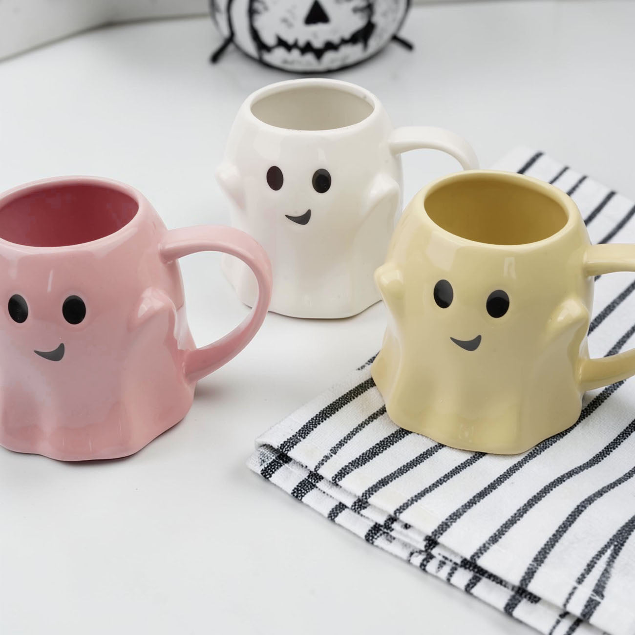 Gia Roma Ghost Mug set of 3 pastel pink, white, and yellow coffee mugs on Tampa Home & Garden Store