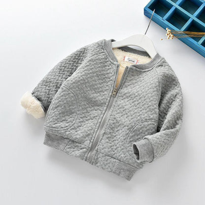 Stevvex baby quilted grey coat with zipper, sherpa lining and ribbed cuffs on Tampa Home & Garden Store
