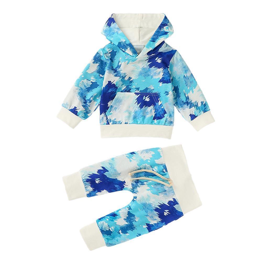 Newborn hoodie and pants 2-piece set Stevvex blue white abstract print infant outfit on Tampa Home & Garden Store