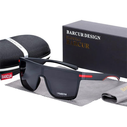 Oversized polarized square sunglasses with black frame, red accents, Barcur UV400 protection on Tampa Home & Garden Store