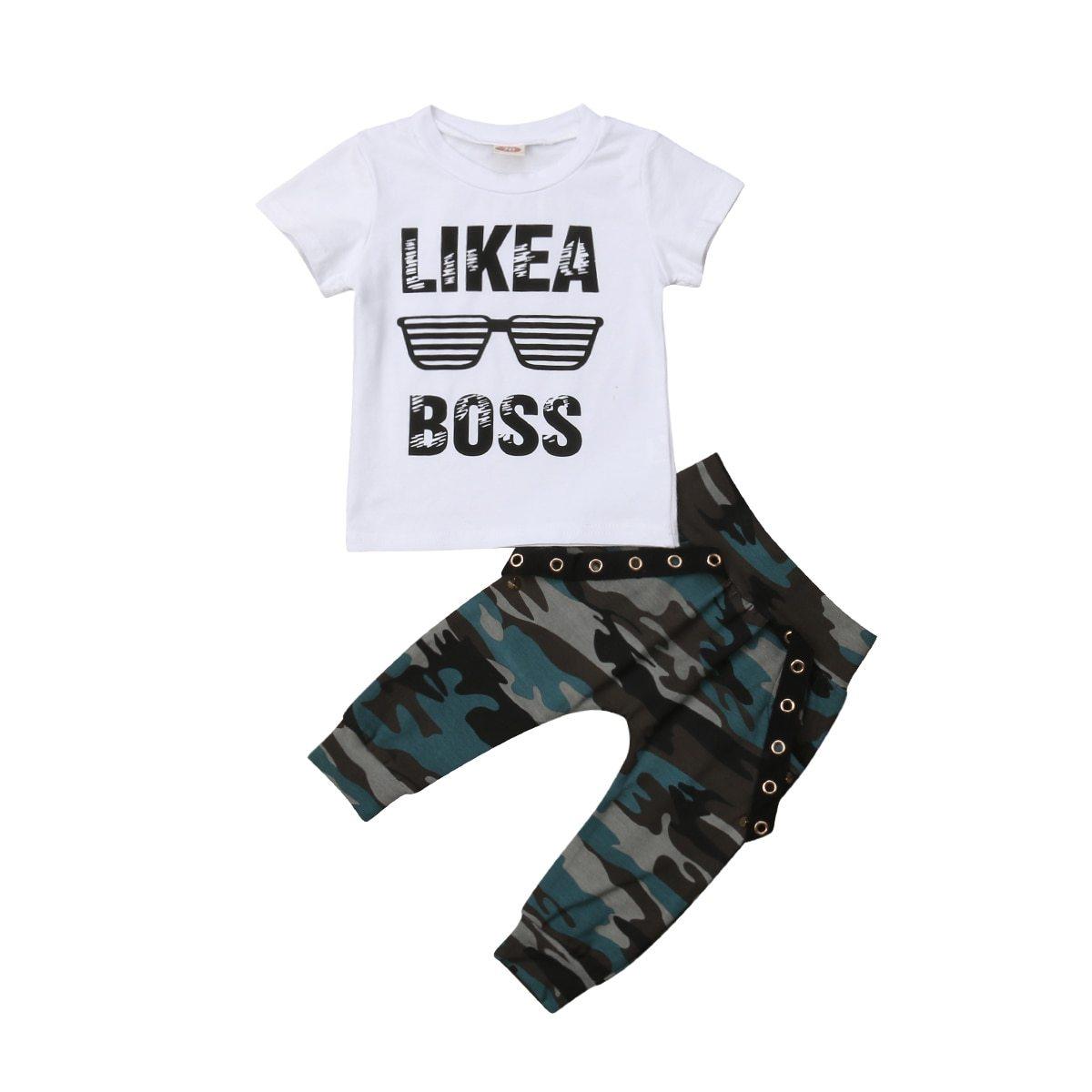 Stevvex 2-piece baby boy outfit white tee with LIKE A BOSS camo pants with grommets on Tampa Home & Garden Store