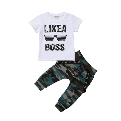 Stevvex 2-piece baby boy outfit white tee with LIKE A BOSS camo pants with grommets on Tampa Home & Garden Store