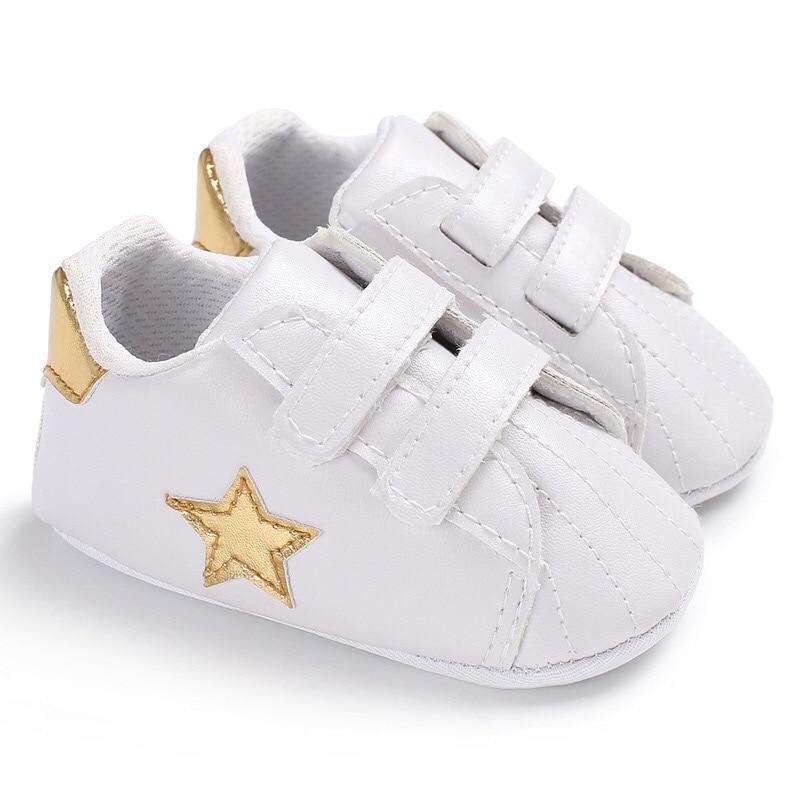 Stevvex white PU leather newborn sneakers with gold star, Velcro straps, soft sole pair on Tampa Home & Garden Store