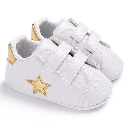 Stevvex white PU leather newborn sneakers with gold star, Velcro straps, soft sole pair on Tampa Home & Garden Store