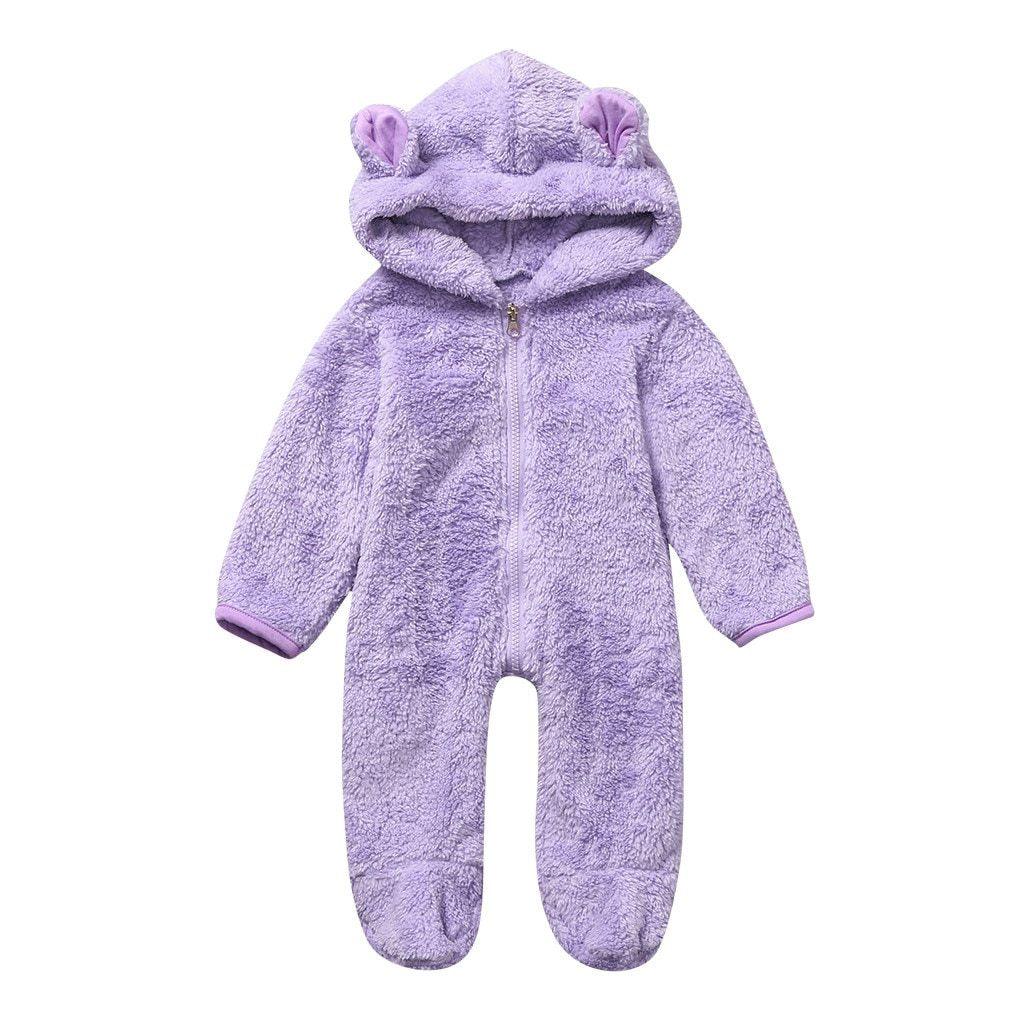 Lilac fleece hooded baby romper with zip front, footed one-piece on Tampa Home & Garden Store