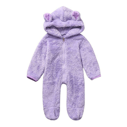Lilac fleece hooded baby romper with zip front, footed one-piece on Tampa Home & Garden Store