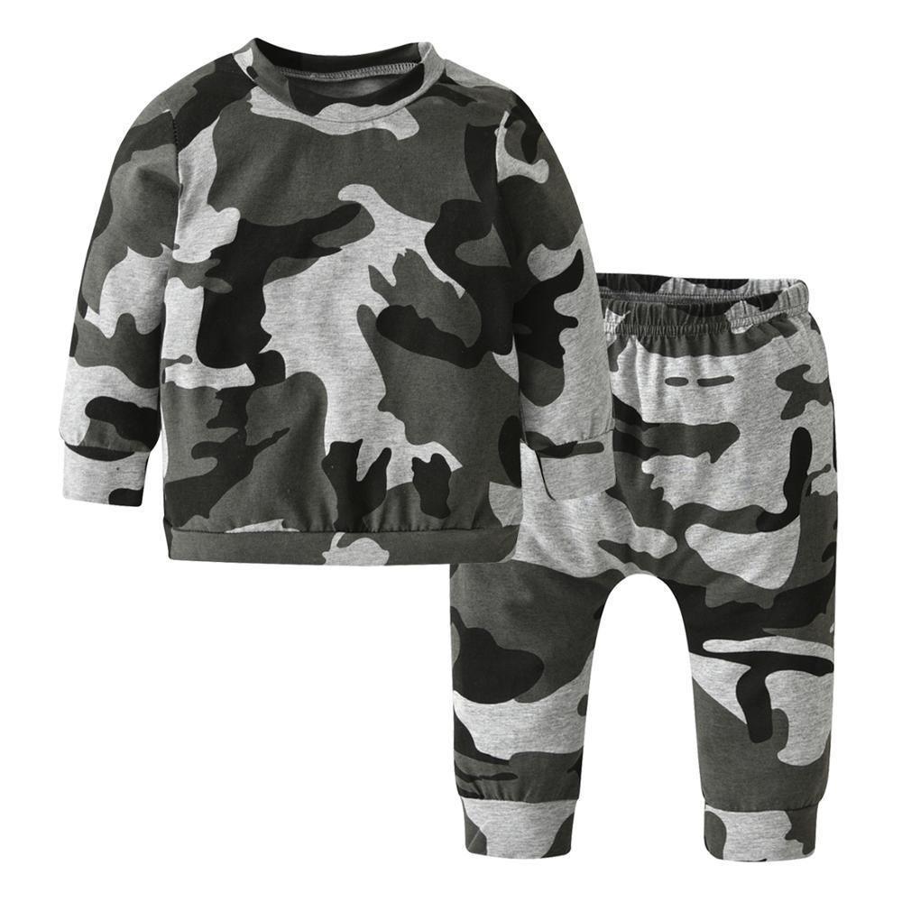 Newborn camouflage long sleeve top and pants 2-piece set in gray camo for baby boys on Tampa Home & Garden Store