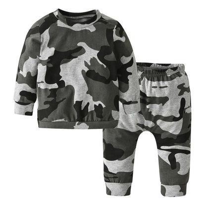 Newborn camouflage long sleeve top and pants 2-piece set in gray camo for baby boys on Tampa Home & Garden Store